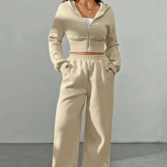 Khaki Casual Women's Zipper Front Hoodie And Pants Two Piece Set - Picture 6 of 7